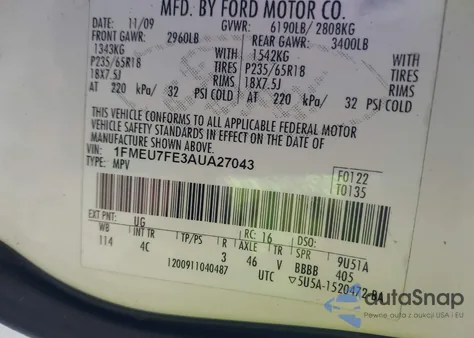 2010 Ford Explorer Limited from USA, damaged, VIN 1FMEU7FE3AUA27043